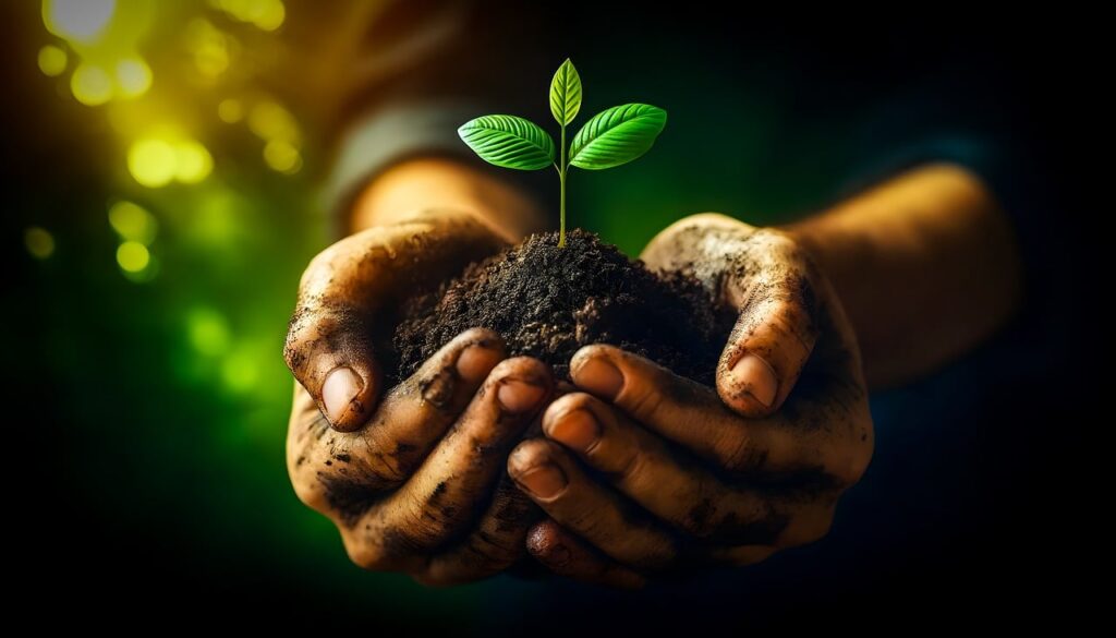 Man holding dirt with plant